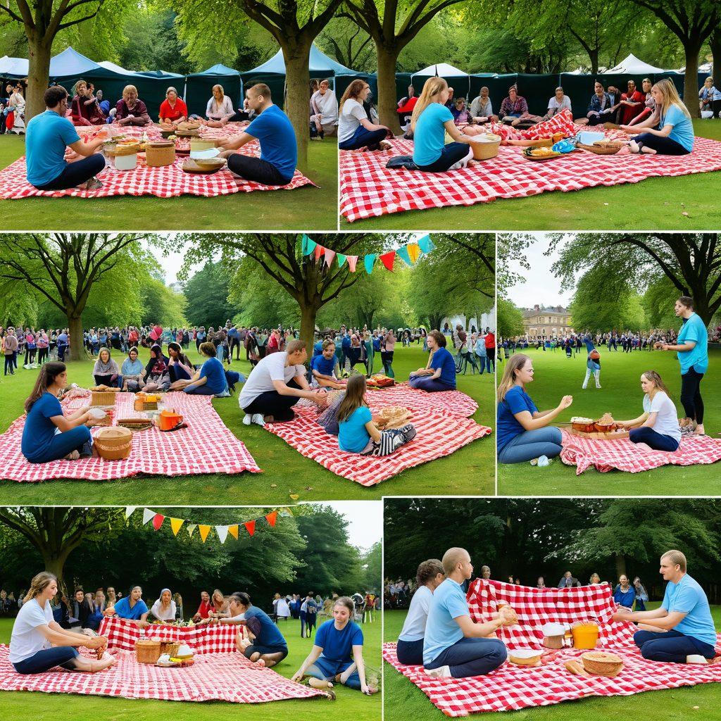 A vibrant collage showcasing a team building activity in a lush Georgian park, with diverse people participating in various local events like a community picnic and outdoor games. Include elements of Georgian culture, such as traditional food stalls and folk music performances in the background. The scene should convey a sense of collaboration and engagement among community members. bright colors. dynamic composition. painting.