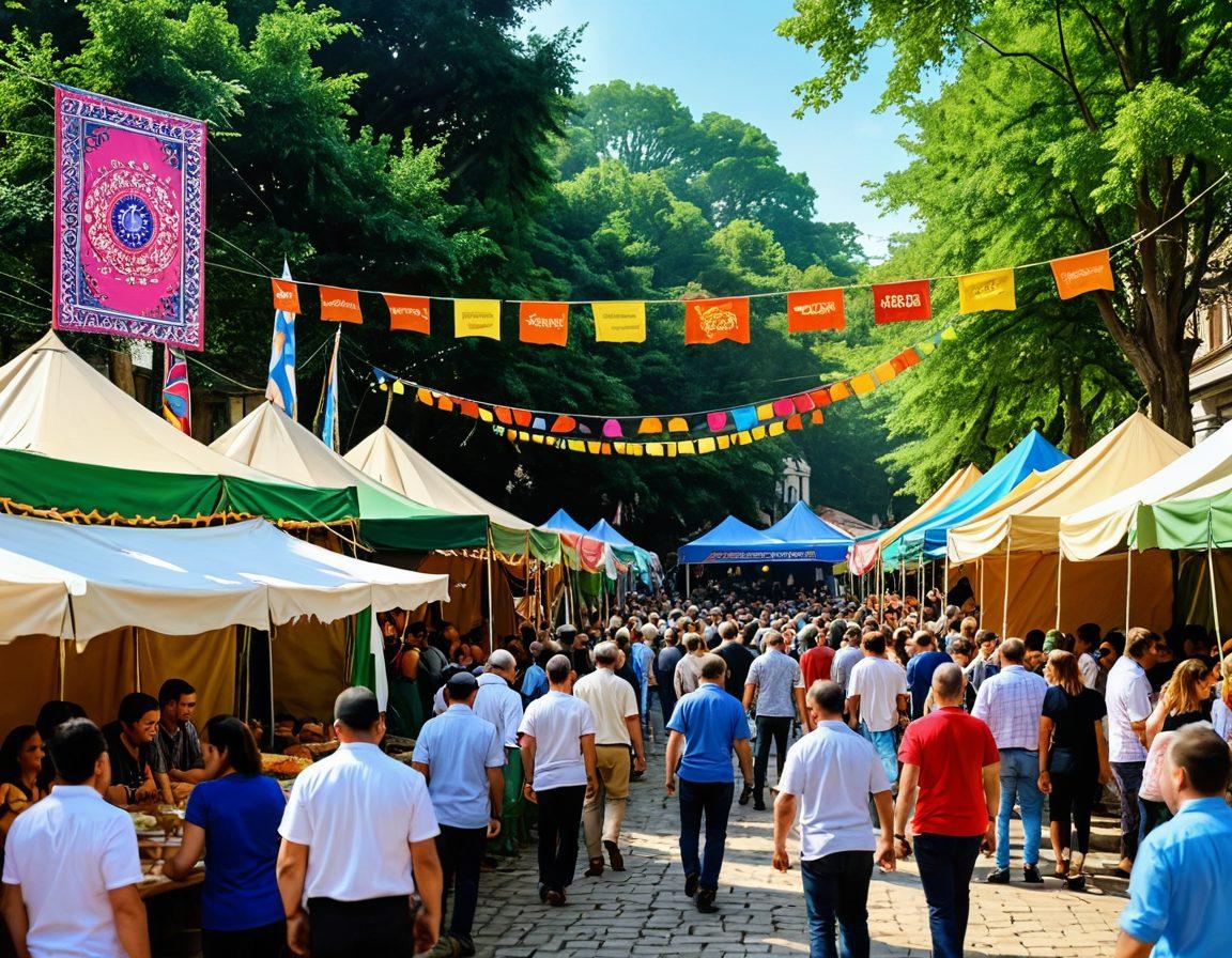 A vibrant and inviting scene showcasing a group of diverse people engaging in a lively outdoor festival in Georgia, surrounded by local artisans, food stalls, and traditional music performances. The background features iconic Georgian architecture and lush greenery, emphasizing community and connection. Include colorful banners and lively interactions to depict warmth and inviting energy. super-realistic. vibrant colors. 3D.