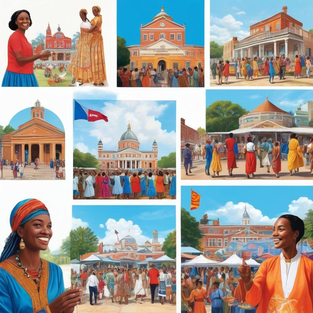 A vibrant collage showcasing Georgia's rich culture with traditional folk art elements, lively community events, and smiling diverse people engaged in discussions. The backdrop features iconic Georgian landmarks under a bright blue sky, infused with colors that represent warmth and inclusivity. Incorporate elements of local cuisine, music, and festivals to encapsulate the essence of community engagement. super-realistic. vibrant colors. white background.